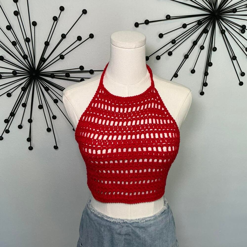Superdown red crochet halter top open knit festival Y2K boho crop